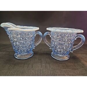 🩵RARE Imperial Glass (KATY) Opalescent Blue Handled Sugar Bowl and Creamer